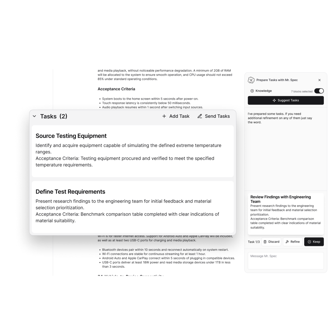 The SwipeSpec interface showcasing the "AI Item Generator" feature, where users can generate multiple items with consistent fields like titles and descriptions. The tool allows customization of style and structure, ensuring every item aligns with user preferences while keeping full control over approvals.