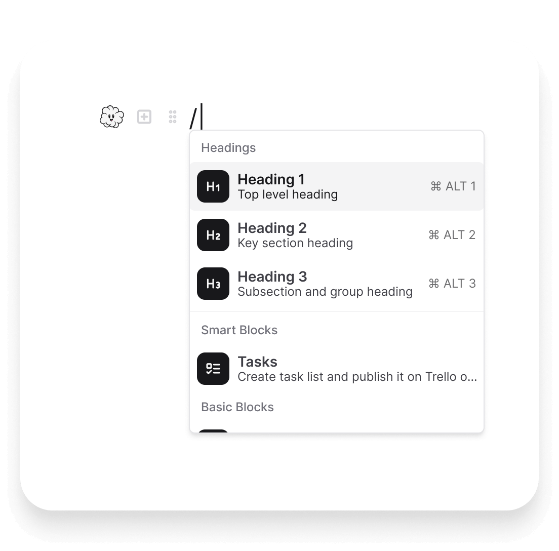 The SwipeSpec block-based editor showcasing a quick block selector menu with options for headings, tasks, and AI-powered custom blocks, enabling users to organize and craft content effortlessly in a modular and intuitive interface.