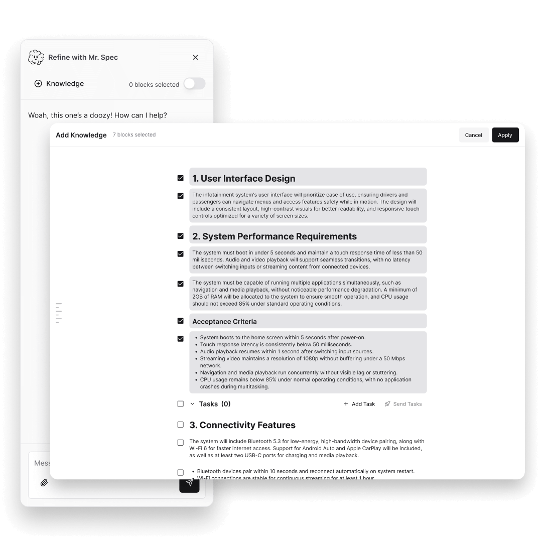 The SwipeSpec interface showing the "Pick Your AI Knowledge" feature, where users can select specific document blocks to include in the AI's context. This empowers users to tailor the AI’s knowledge base, ensuring generated content aligns with their vision.