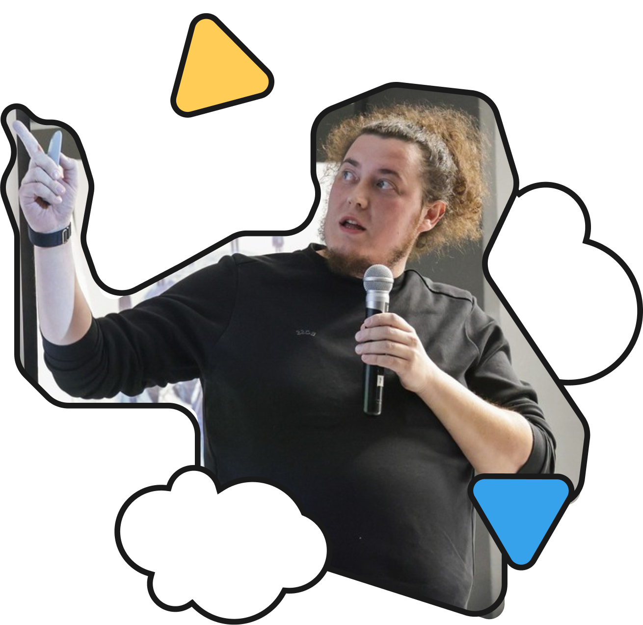 Marko, the founder and CEO of SwipeSpec, presenting and pointing finger at a presentation, surrounded by playful graphic elements like clouds and triangles. Represents a personal invitation to users to share feedback and suggest features or integrations for SwipeSpec.