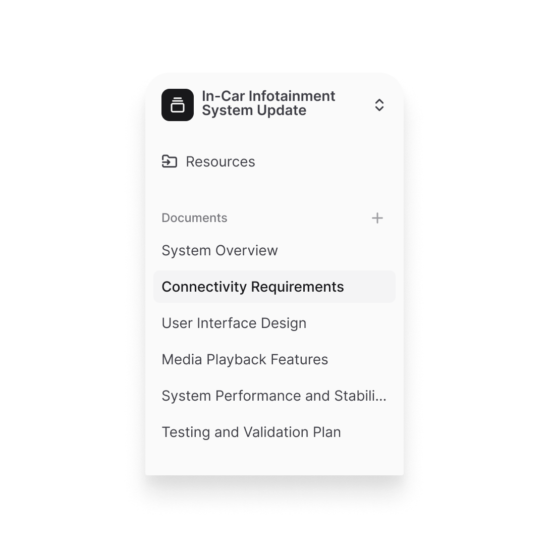 A SwipeSpec interface displaying a project title with a list of documents, such as "System Overview" and "Connectivity Requirements." Demonstrates the "Multiple Projects & Private Documents" feature, enabling users to organize work into projects and keep certain documents private.